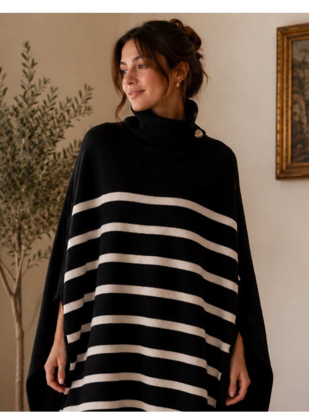 Chic Nation Black & Cream Striped Turtleneck Poncho